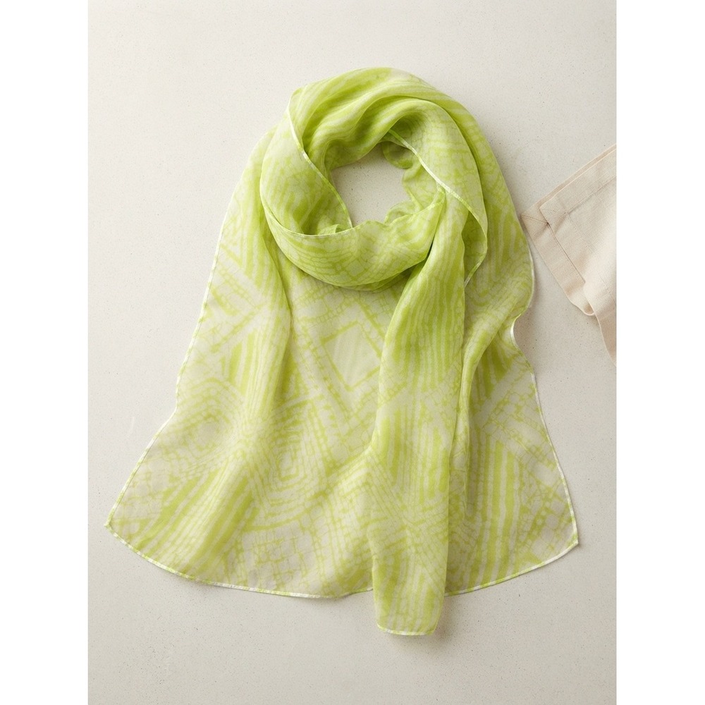 Chico's Scarf Silk Geometric Print Sheer Lightweight Lime Green boho luxury